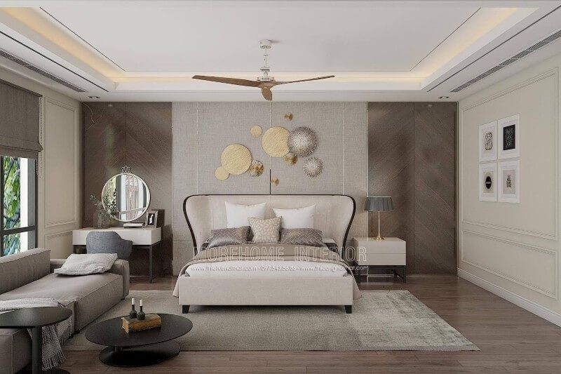 Mẫu giường ngủ gỗ được trang bị chân bọc vải cao cấp phù hợp với nhà phố biệt thự.