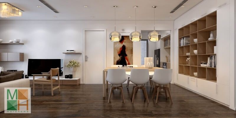 Tạo ra một không gian phòng ăn chung cư hiện đại liên kết với phòng khách để tạo ra cảm giác thoải mái và tiện nghi.